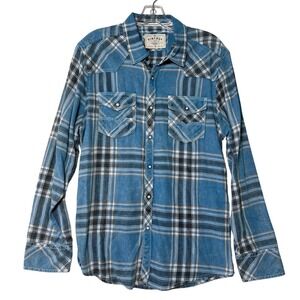 BKE Vintage Mens Medium Soft Blue Plaid Western Pearl Snap Shirt Long Sleeve